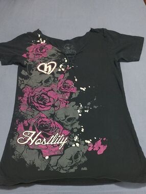 Hostility Women's Black Graphic Tee with Pink Roses